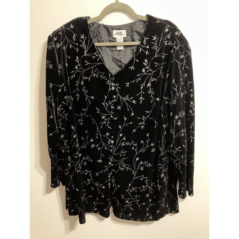 JBS Blouse VTG 1980s Black Velvet Sparkle V-neck Shoulder Pad Silver Glitter‎ 4X